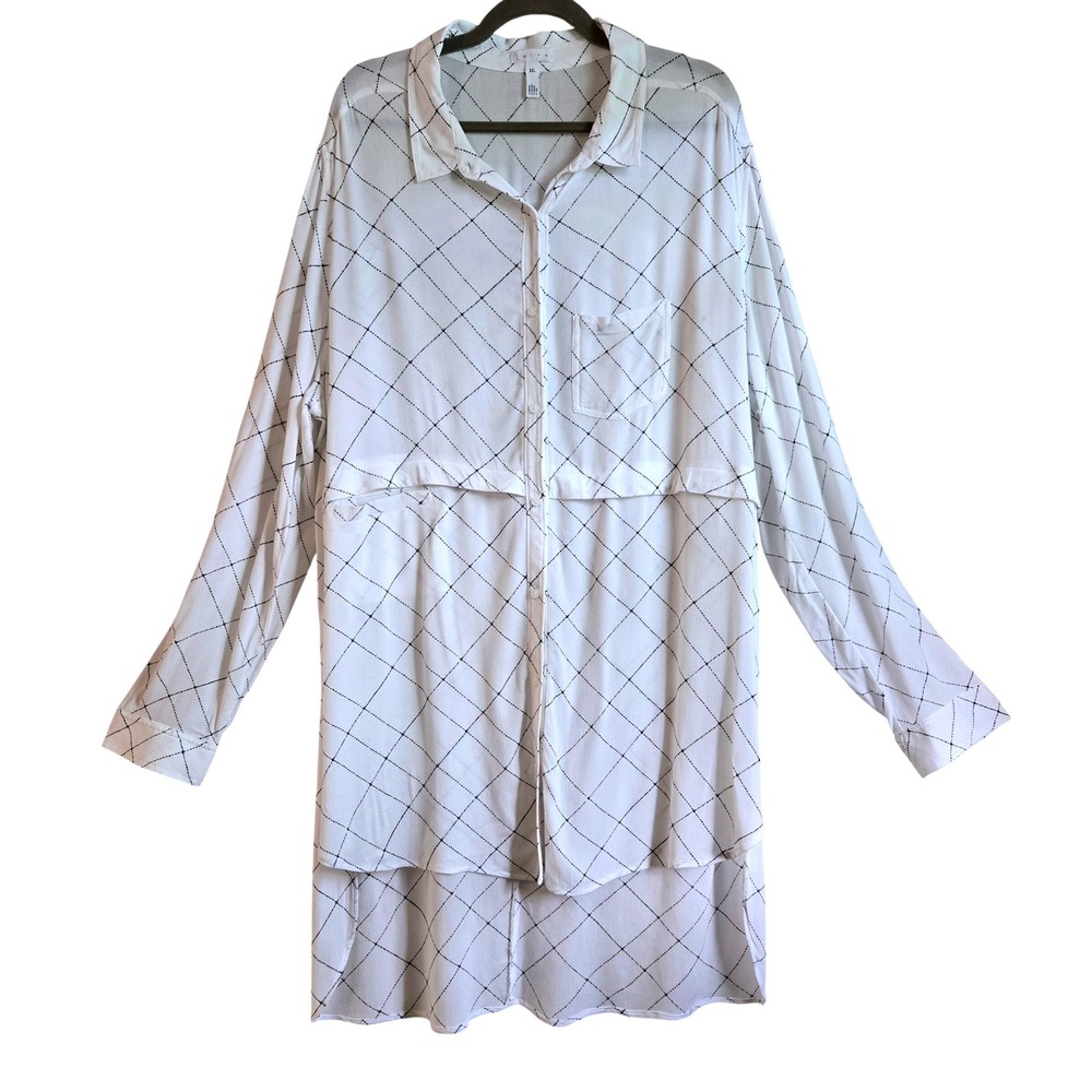 Leith Womens XXL White Black Diamond Grid Layered Hem Button Down Shirt Viscose